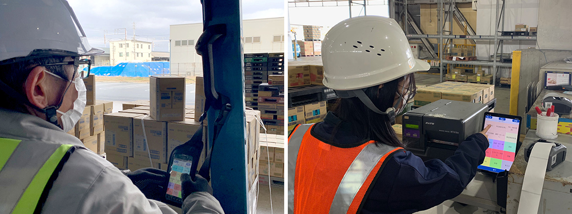 フォークリフト作業者のスマートフォン利用（左）と歩行作業者のタブレット利用（右）